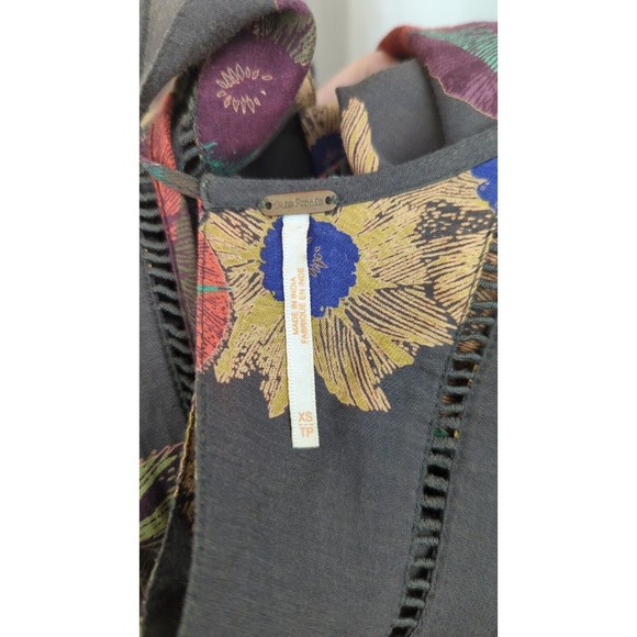 FREE PEOPLE Brown Mini Dress Floral Balloon Sleeve Boho Bohemian Festival XS - Picture 5 of 6